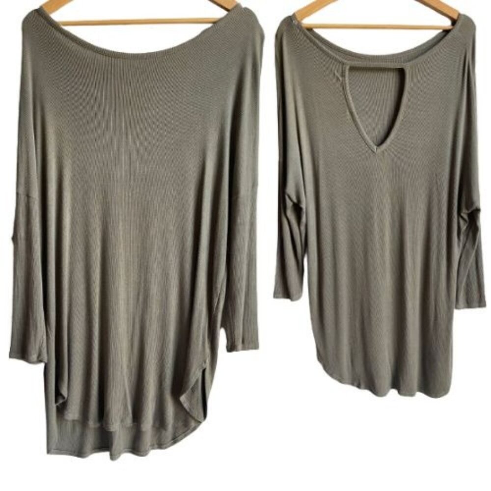 Michael Stars Ribbed Army Green Cutout Back Long Sleeve Tunic One Size